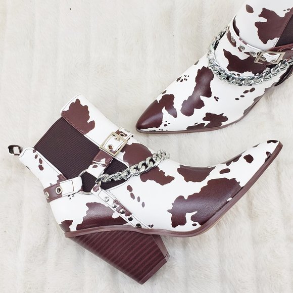 Demitri Brown White Cow Print Western Cowgirl Pull On Ankle Boot - Picture 10 of 13